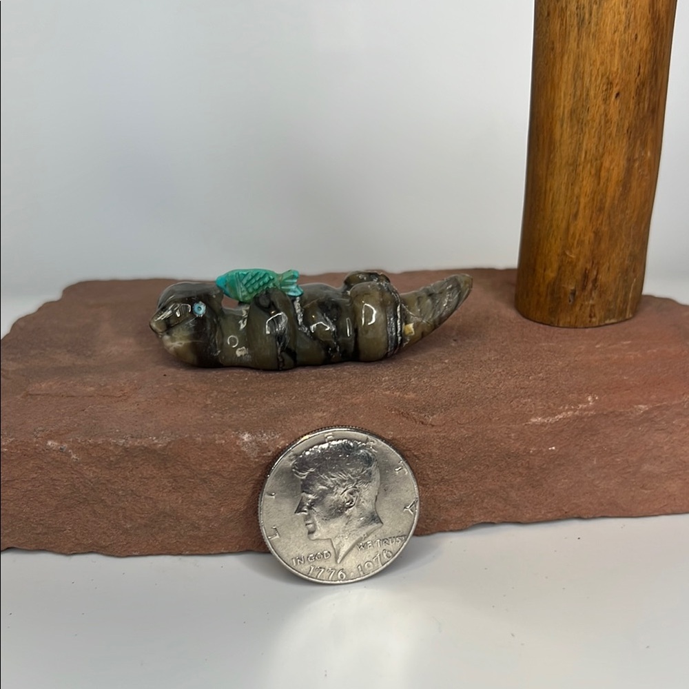 Handcrafted Picasso Marble Stone Otter with baby Figurine.